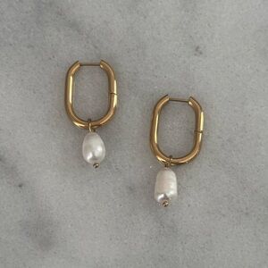 Gold Oval Thick Pearl Dangle Hoop Earrings 

Brand New
